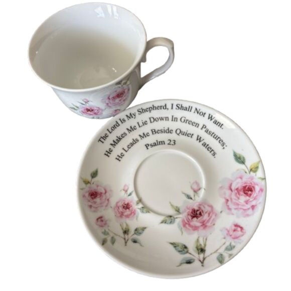 KENT POTTERY Pink Roses Inspirational Psalm 23 Fine Porcelain Cup & Saucer Set - Picture 2 of 7